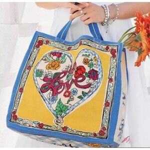 Brighton Canvas Tote Bag Heart‎ Floral Love Print Blue Trim Designer Purse NWT